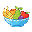 Plate with fruits on a white background. Vector illustration with banana and pear