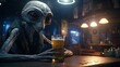 An Alien on a pub drinking beer.