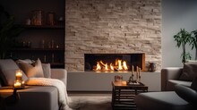 Modern Fireplace On Fire In The Livingroom
