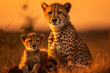 Photo Of Two Cheetahs Sitting Together In A Grassy Field