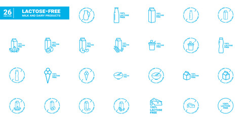 Linear simple icons with lactose free milk and dairy products.Set of outline icons for lactose free diet. Lactose free line icons for web, app, mobile and print.