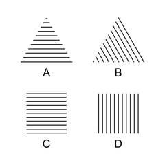 Wall Mural - Helmholtz triangles and squares optical illusions. Equilateral triangle with horizontal lines appear higher (A), with angled lines it seems to move right (B). A square appears higher (C) or wider (D).