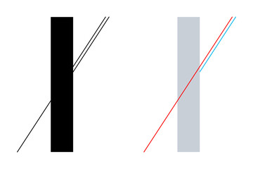 Sticker - Poggendorff geometrical optical illusion. The continuation of the thin line from the lower left is confused with the shorter line on the right side below. The example on the right shows the deception.