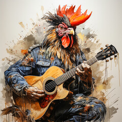 Wall Mural - Rooster rocker plays watercolor electronic guitar