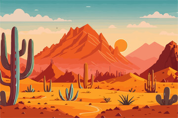 Cartoon desert landscape with cactus, hills, sun and mountains silhouettes, vector nature horizontal background.	
