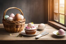 Basket With Delicious Easter Cakes, Painted Eggs And Flowers On Wooden Table Indoors. Space For Text
