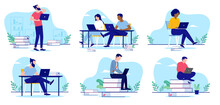 Education And Learning Collection - Set Of Vector Illustrations With People Studying With Books And Computer. Flat Design On White Background