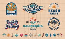 Vintage Logo Set. Set Of 6 Retro Logo Templates And 15 Design Elements. Prints For T-shirt, Typography. Vector Illustration	