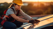 A woman engineer electrician using a hand to check solar panels on the roof.generative ai