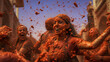 Female participant of the famous tomatina festival in Valencia, Spain, People throuwing tomatoes. Summer festival. People shouting and laughing. Famous festival with tomato vegetables.