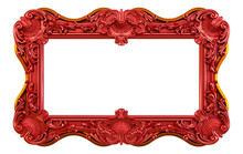 3D Render Of Decorative Red And Golden Vintage Frames, Red Baroque Frame On Black Background.