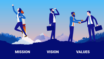 Leinwandbilder - Business core values - Illustration of mission vision and values with corporate businesspeople in beautiful landscape. Flat design vector