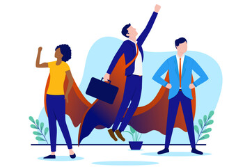 Business superheroes - Team of diverse corporate businesspeople in cape standing proud and strong. Teamwork success concept, flat design vector illustration with white background
