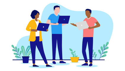 Wall Mural - People with computers working - Team of three characters with laptops talking and having discussion at work. Flat design with white background