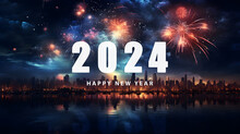 Happy New Year 2024 With A Party, A Celebration Of Colourful Fireworks. Welcome New Year Silhouette In New York City. New Year Concept, Generative AI