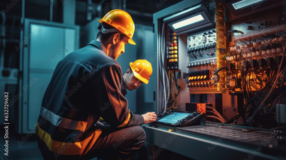photograph of Two maintenance engineers inspect relay protection system ...