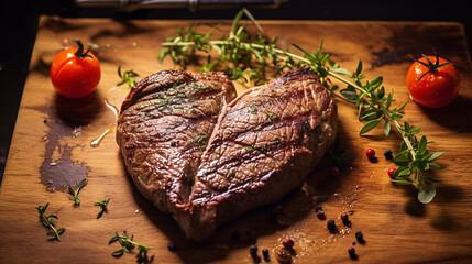 Wall Mural - Grilled beef steak in shape of heart for Valentines day on a wooden background top view with copy space