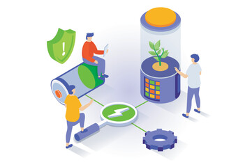 Poster - Eco lifestyle concept in 3d isometric design. People use green energy generation to charge and recharge batteries, implement clean innovations. Vector illustration with isometry scene for web graphic