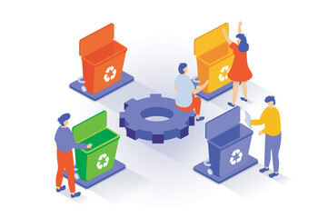 Poster - Eco lifestyle concept in 3d isometric design. People collecting and separating garbage in bins and using waste management for recycling trash. Vector illustration with isometry scene for web graphic
