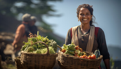 Young woman holding a basket of vegetables. Created by using generative AI tools