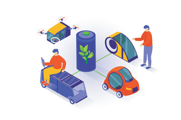 Aufkleber - Eco lifestyle concept in 3d isometric design. People using clean green energy with recharge battery for charging electric cars and drones. Vector illustration with isometry scene for web graphic