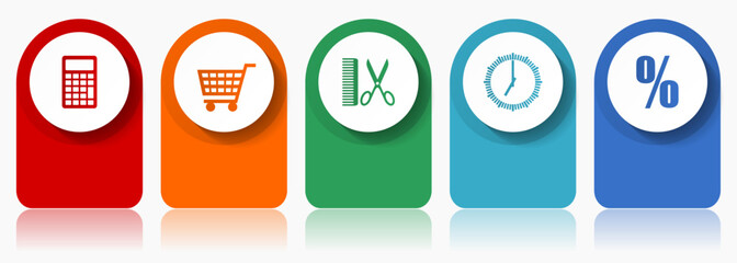 Poster - Shopping icon set, flat design miscellaneous colorful icons such as calculator, cart, barber, clock and percent for webdesign and mobile applications, infographic vector template in eps 10
