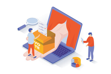 Wall Mural - Election and voting concept in 3d isometric design. People vote in elections, put marked ballot in ballot box or leave their choice online. Vector illustration with isometry scene for web graphic