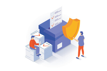 Leinwandbilder - Election and voting concept in 3d isometric design. People vote in elections and put paper forms in safe ballot box, vote count and result. Vector illustration with isometry scene for web graphic