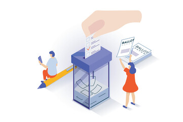 Leinwandbilder - Election and voting concept in 3d isometric design. People vote in elections, putting ballot in box and choosing their political candidate. Vector illustration with isometry scene for web graphic