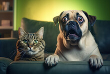 Funny Photo Of A Pug Dog And Tabby Cat Together With Shocked Facial Expressions Sitting On A Sofa Inside A Home