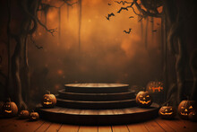 Spooky Halloween Concept Theme With Wooden Round Podium Steps, Pumpkin Head Craved And Bat Animal In Autumn Season Created With Generative AI