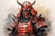 Watercolor drawing of a samurai in red armor