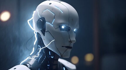 3d rendering humanoid robot with glowing light on his head in dark room