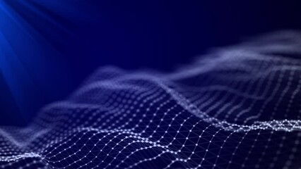 Abstract dynamic wave of connected dots and bright particles in space. Big data digital technologies. 3D rendering. Seamless looped animation.