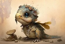 Fantasy Illustration Of A Little Parrot With A Skull In The Form Of A Frog