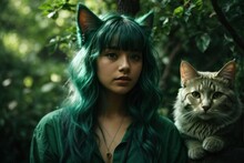 Oung Beautiful Girl With Cat Ears And A Little Cat In The Forest