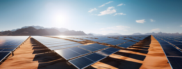 Wall Mural - solar photovoltaic panels installed in desert, hot sunny day, green renewable energy concept. genera