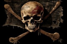 A Dark And Worn-out Pirate Flag Bears An Image Of A Skull And Bones. Generative AI