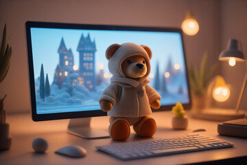 A close up of a soft toy teddy on a computer screen, detailed product photo, product lighting, cute toy, product picture, backlight photo sample, highly detailed product photo . AI Generative
