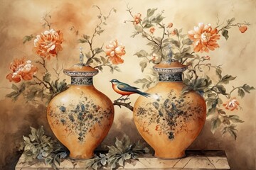 Wall Mural - a sample of a wall painting with vases, flower branches, and birds. Generative AI