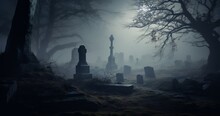 Night Scene In A Cemetery With Gravestones