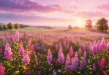 Wall Mural - Summer flower meadow wildflower field pink with morning sunlight