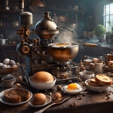 Vintage Steampunk Breakfast Making Machine, With Coffee Grinder Making A Pot Of Coffee From Beans, Making Eggs And Bread, Created With AI Generative Tools