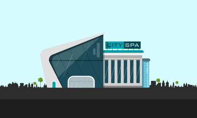 Sticker - City spa modern building with skyline on background - vector