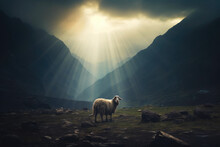 One Missing Sheep At Night. Bible Concept For Jesus Looking For Lost Sheep.