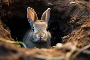 Wall Mural - Cute Rabbit in the hole, close-up portrait, selective focus. Generative AI