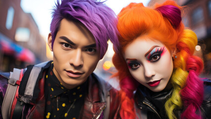 Wall Mural - Student couple dressed up in Halloween costume. Girl and boy in spooky Halloween makeup. Street portrait of death parade participants. Generated Ai