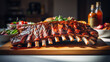 Illustration of a delicious plate of pork spare ribs in a kitchen or restaurant.