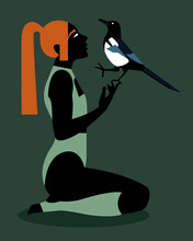 Woman Communicating With A Magpie
