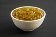 Homemade Sweet Pickle Relish in a Bowl, side view.
